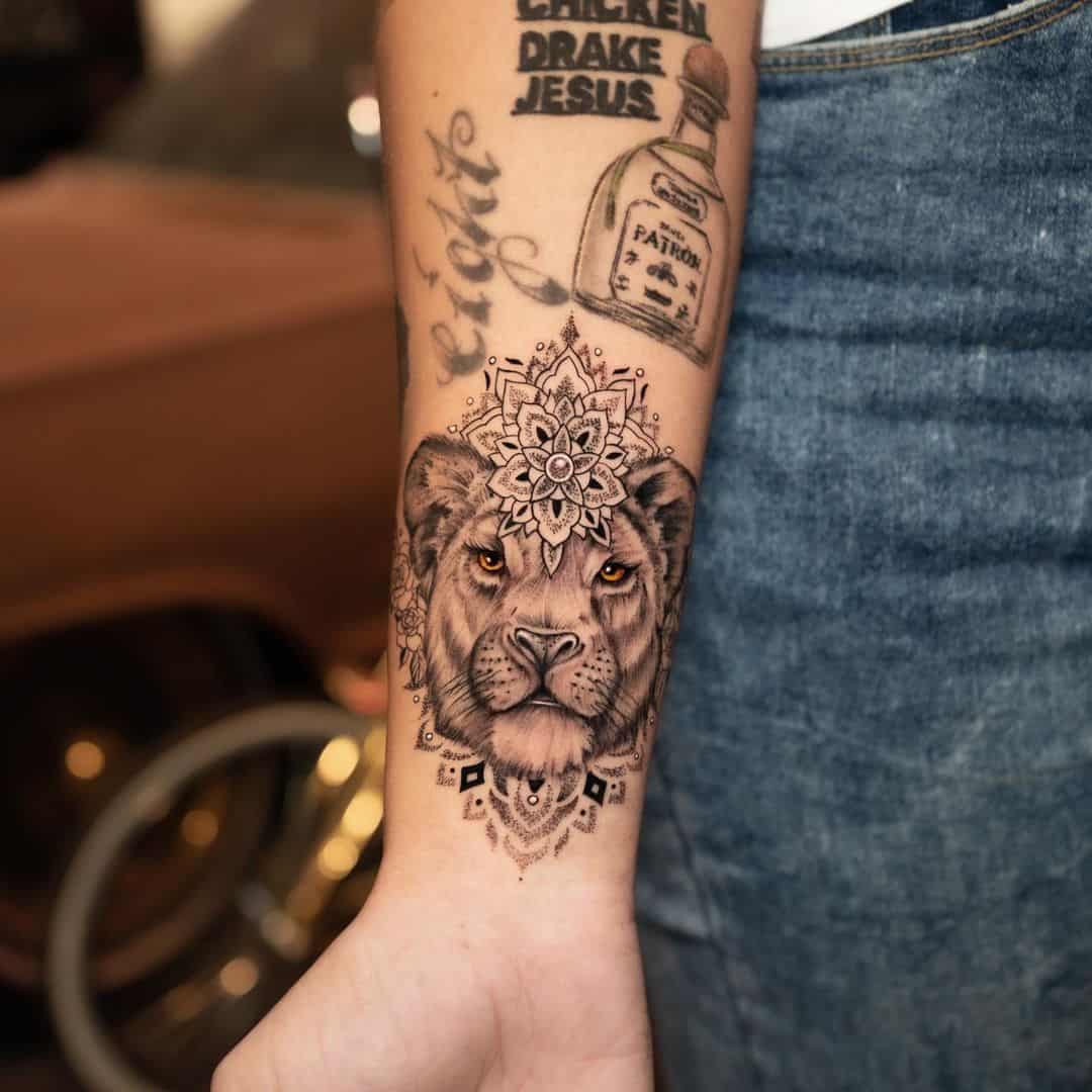 Beautiful lioness ornamental lioness tattoo by sebastian tattoo