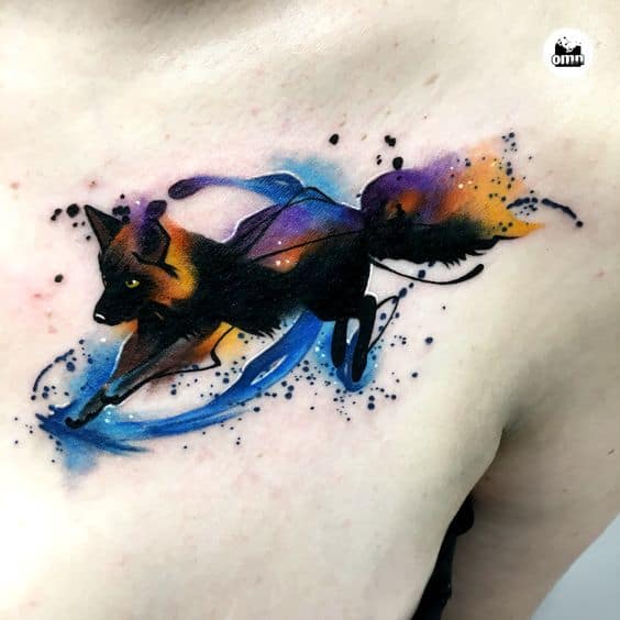 Colorful watercolor fox tattoo
