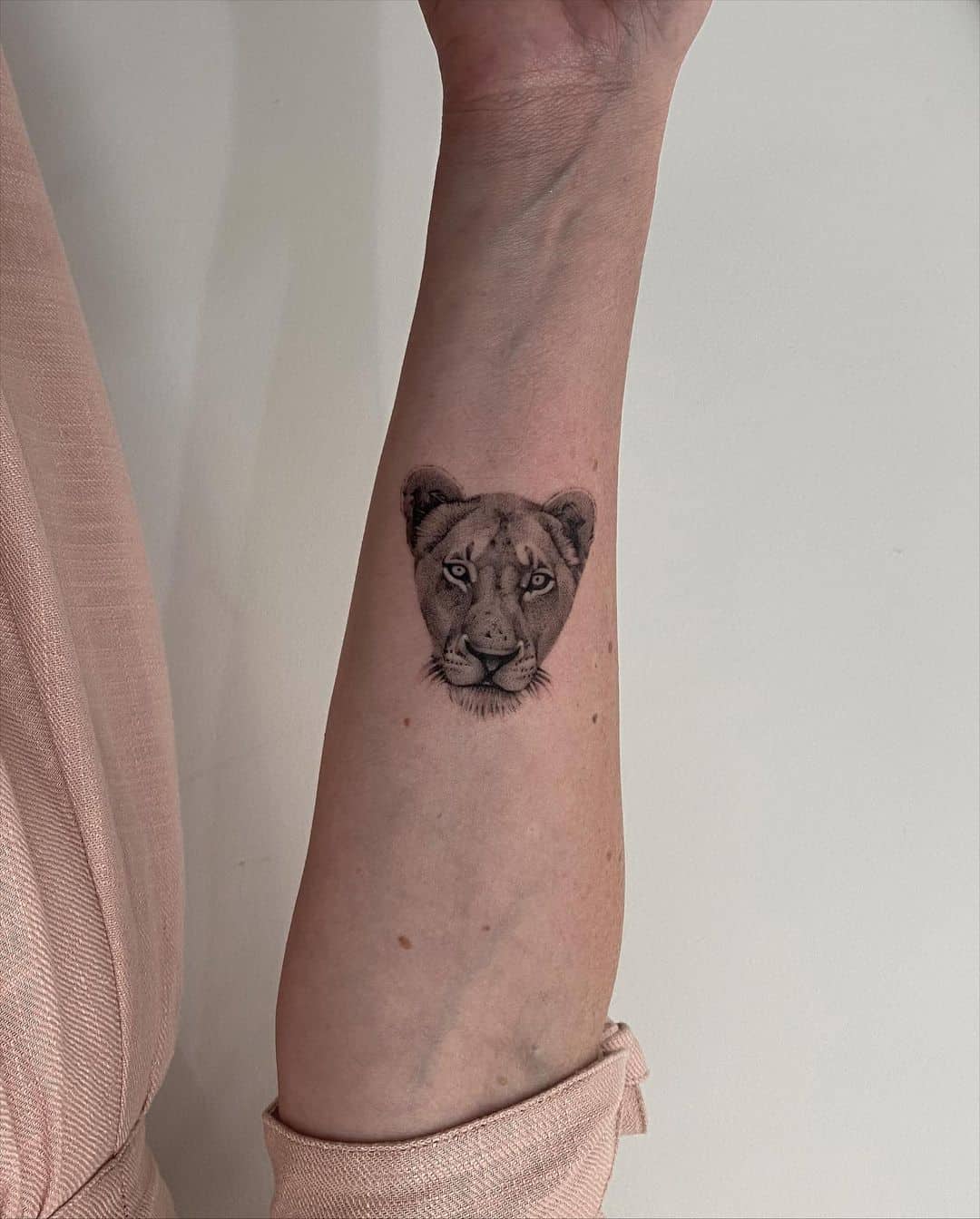 Cute lioness lion tattoo on forearm by micro man