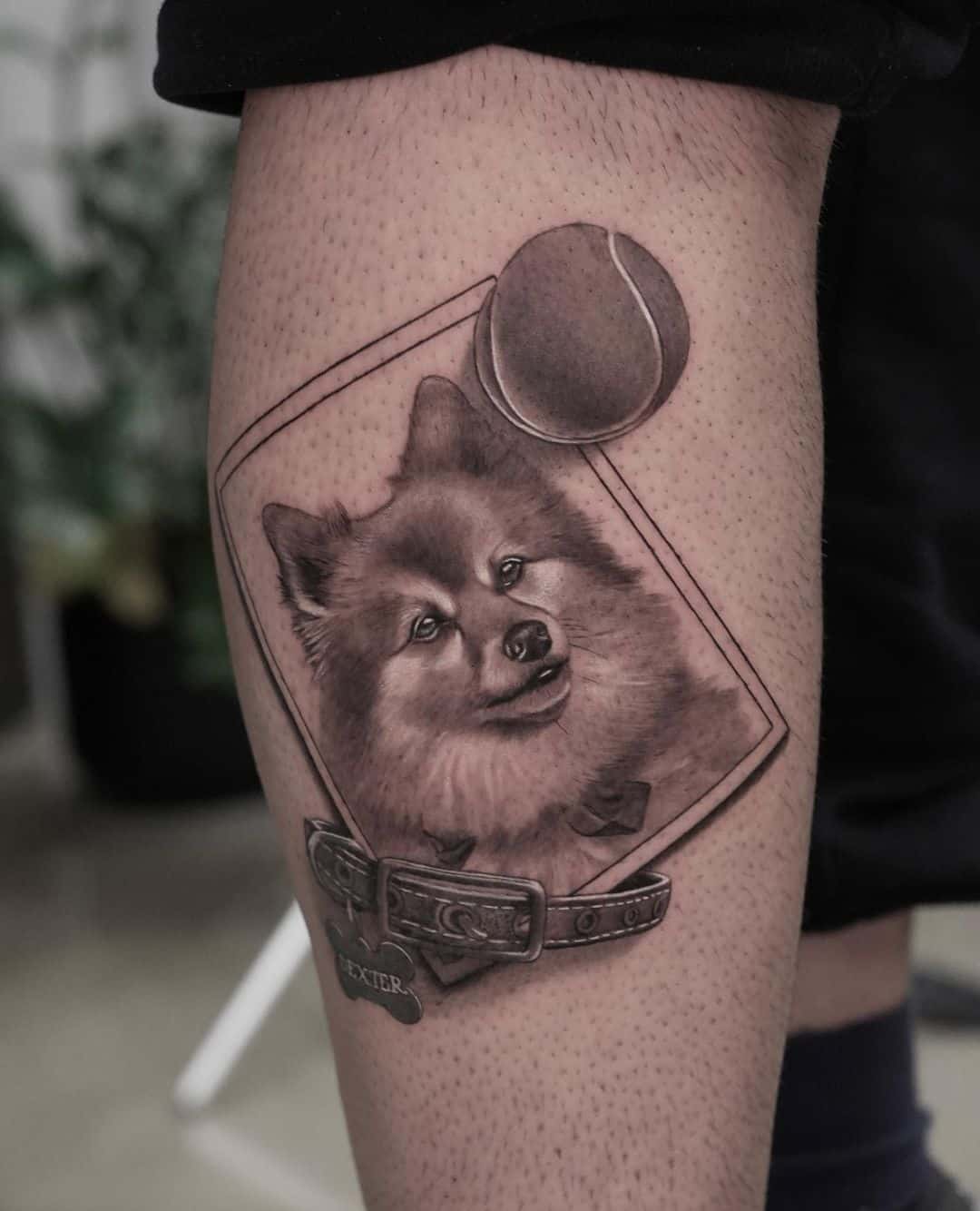 Cute pet portrit tattoo on thigh by admdeanart