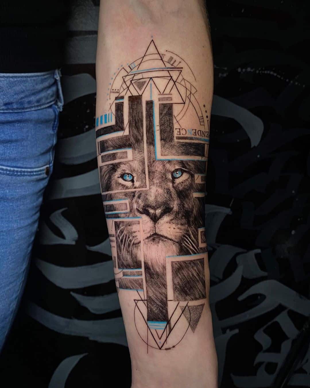 Geometric lion tattoo on forearm by nike tattoo white unicorn
