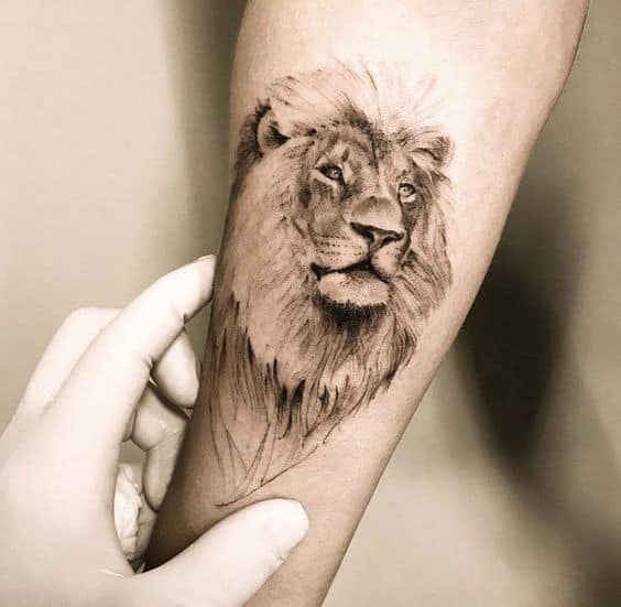 Lion portrait tattoo on arm