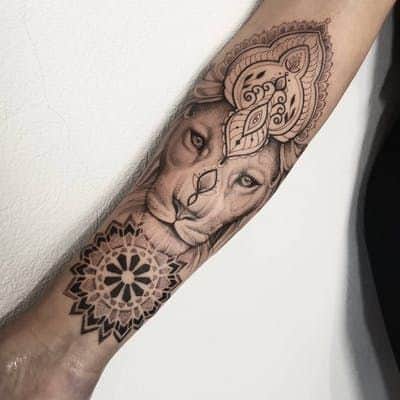 Mandala lioness tattoo on rm sleeve