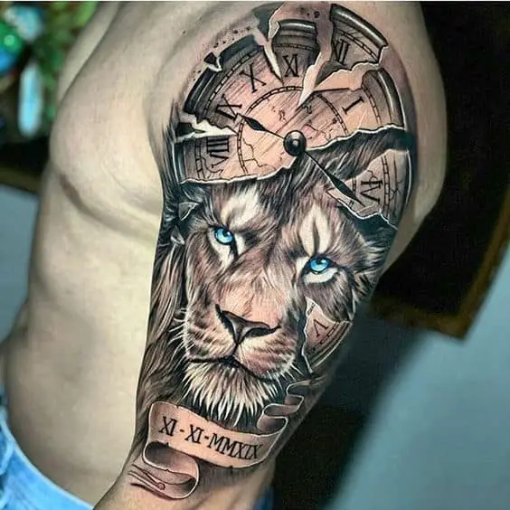 Sleeve with lion broken compass map colosseum tattoo idea | TattoosAI