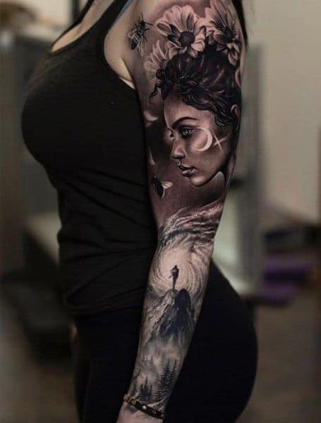 Realistic portrait with flower on full arm