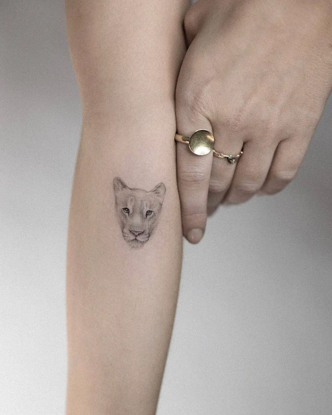Small lioness tattoo by gyra.studio