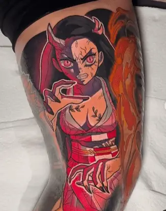 Amazing Nezuko anime tattoo on thigh by theartoforiginalpete