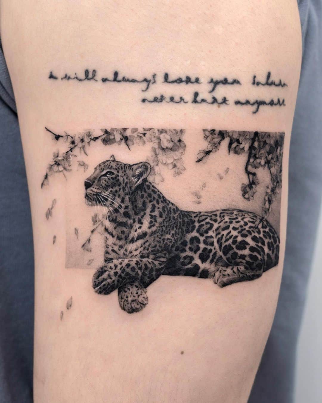 Beautiful Realistic leopard tattoo with typography design by start.your .line