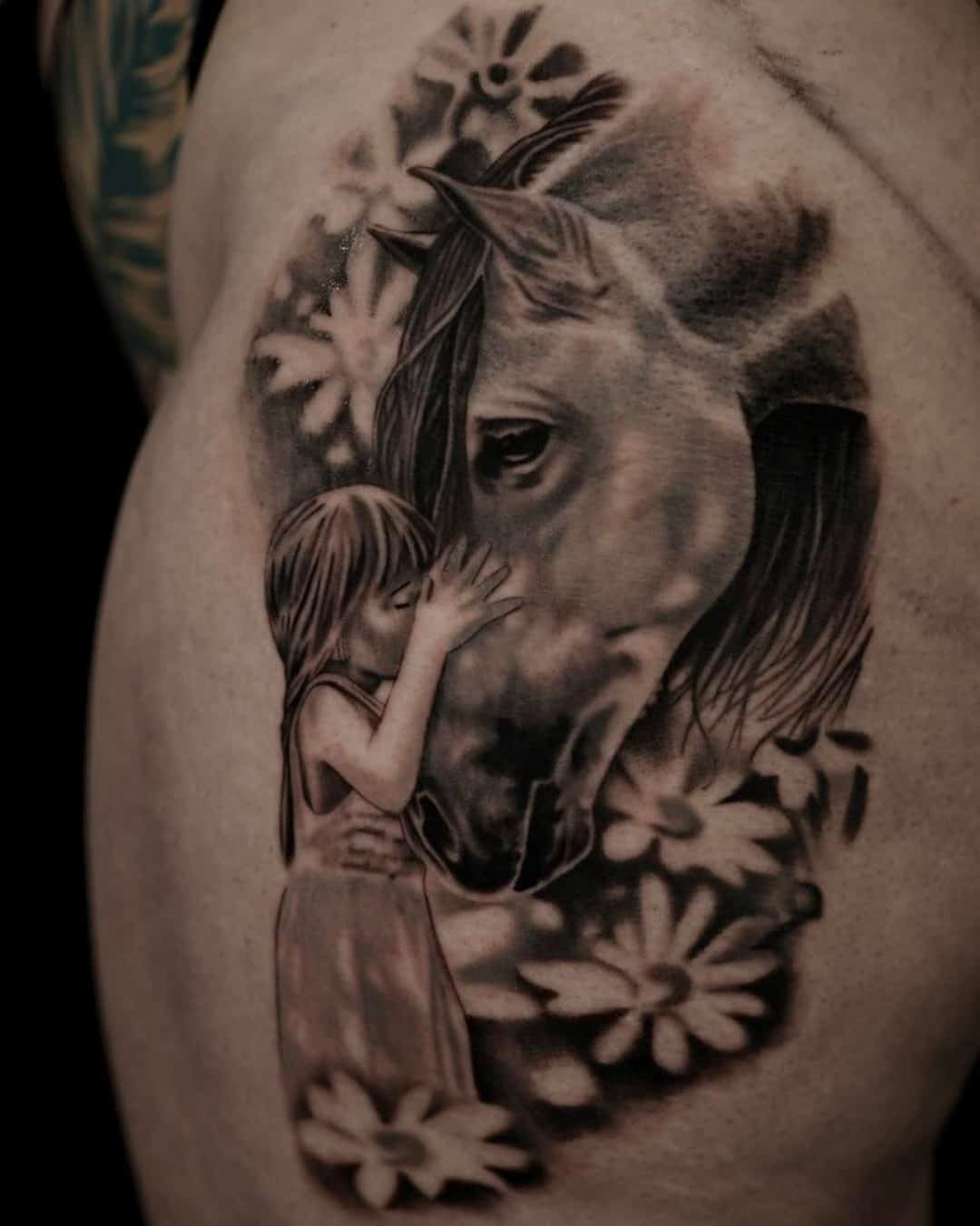 Beautiful horse with flowers tattoo design by mikemillwardtattoos