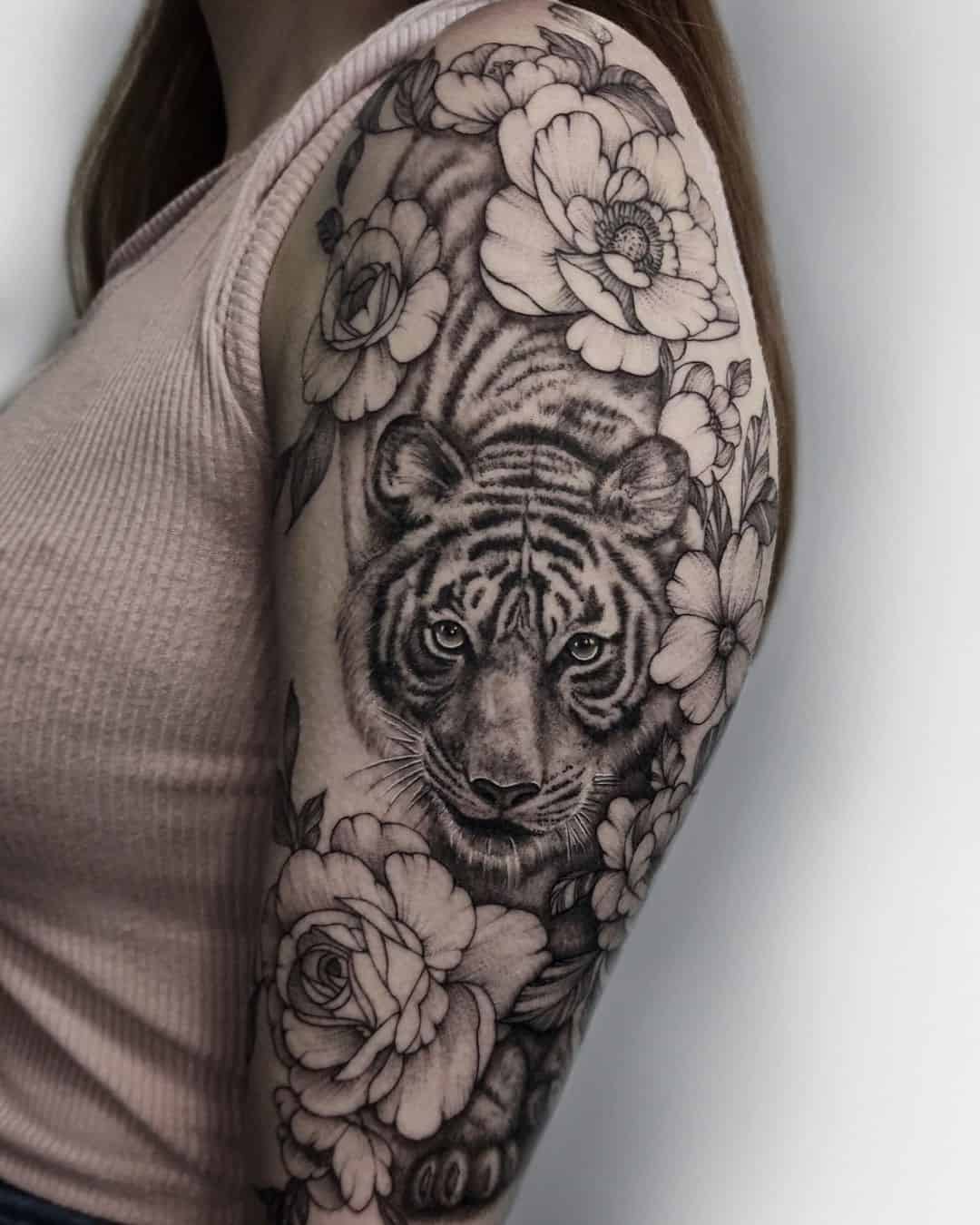 Beautiful tiger and flower tattoo by sonia.tattoos