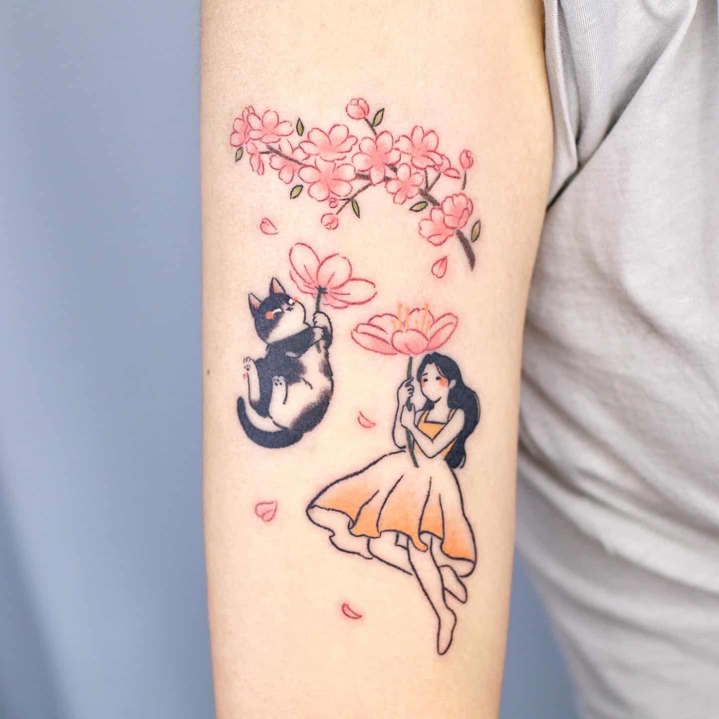 Cute cat with girl tattoo design by minari tattoo