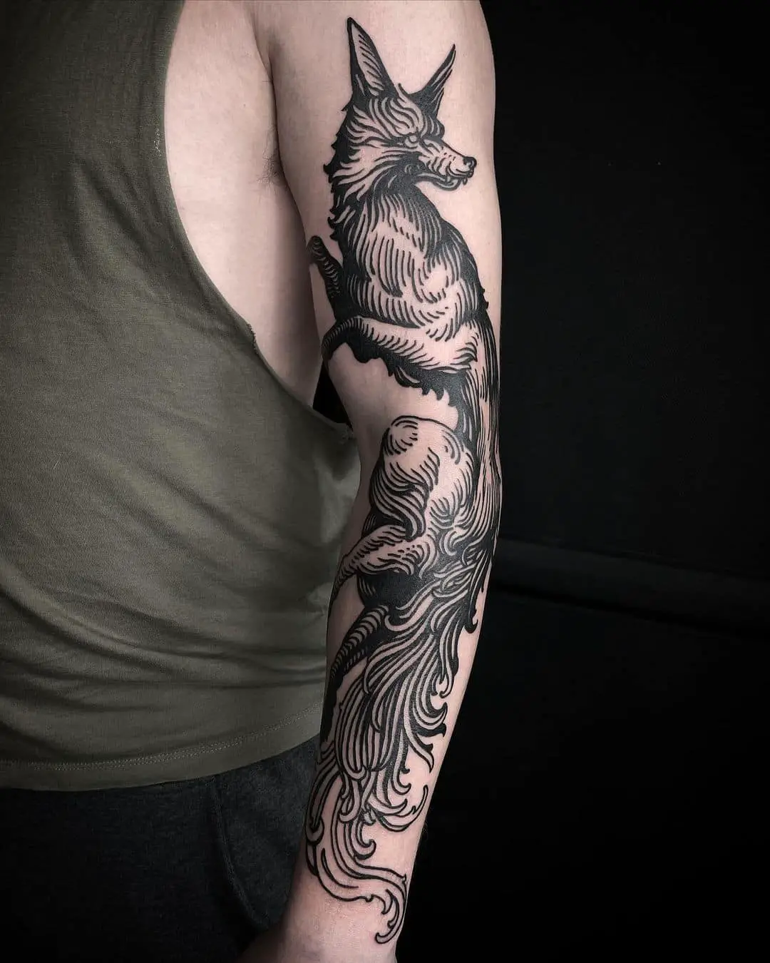 Fox tattoo for men on full arm by trindadetattoos