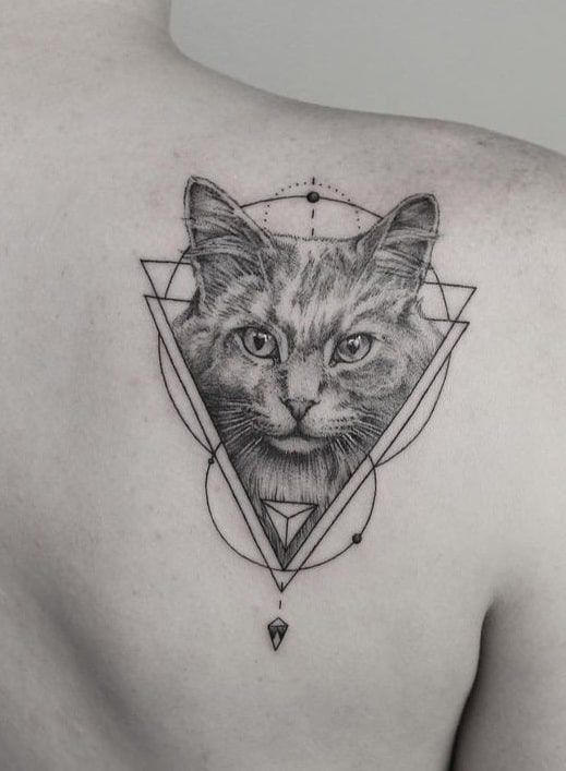 Geometric cat tattoo design on back