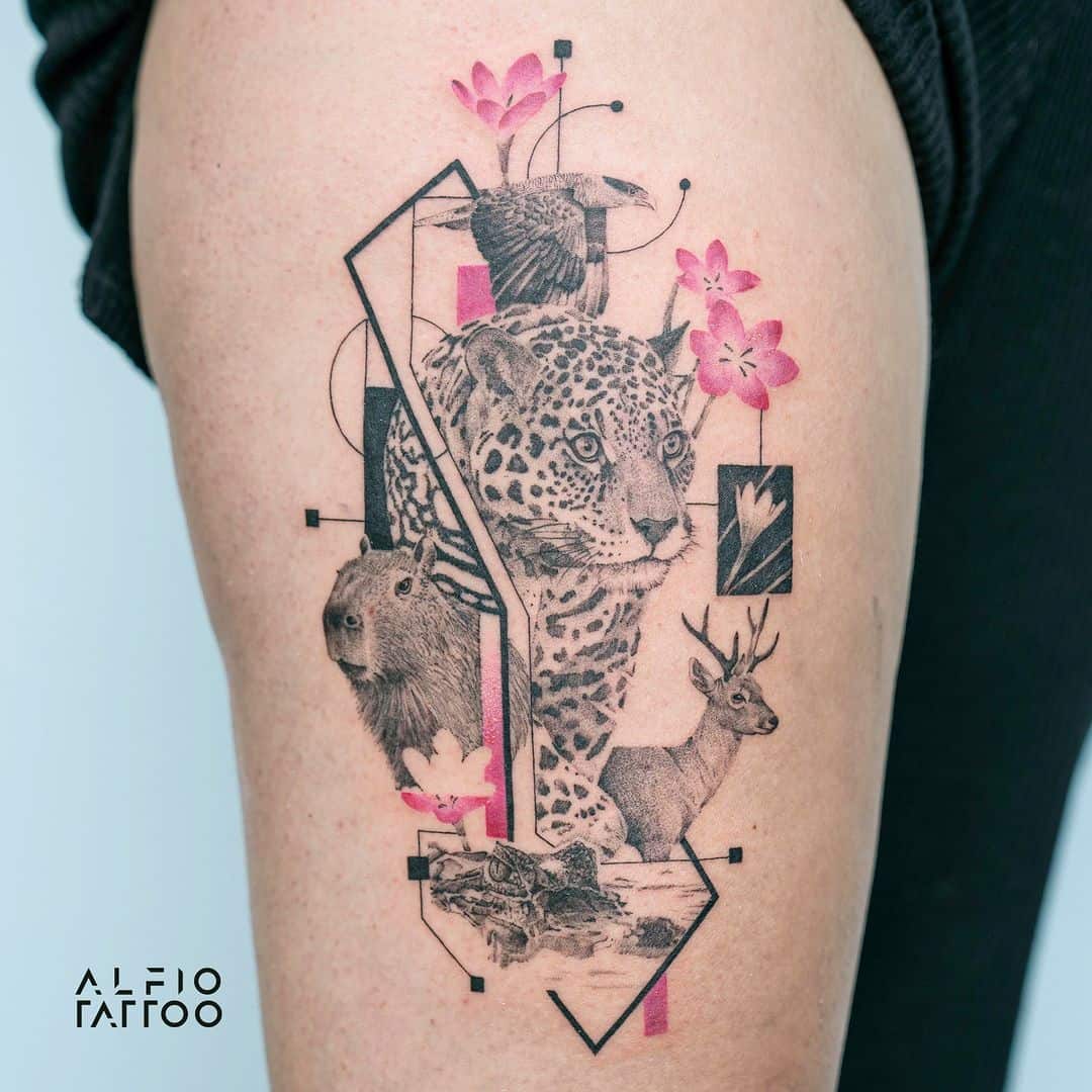 Geometric leopard tattoo with multiple animals by alfio tattoo