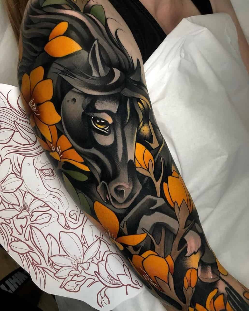 Horse tattoo with flower by neotraditionalspain