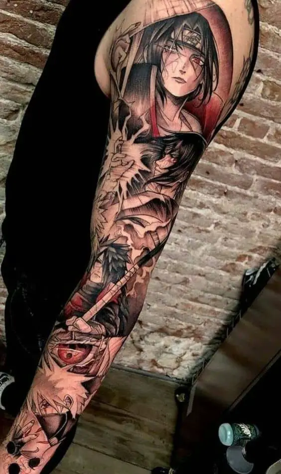Multiple character tattoo on full arm