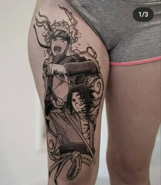 Naruto and sasukes tattoo on thigh