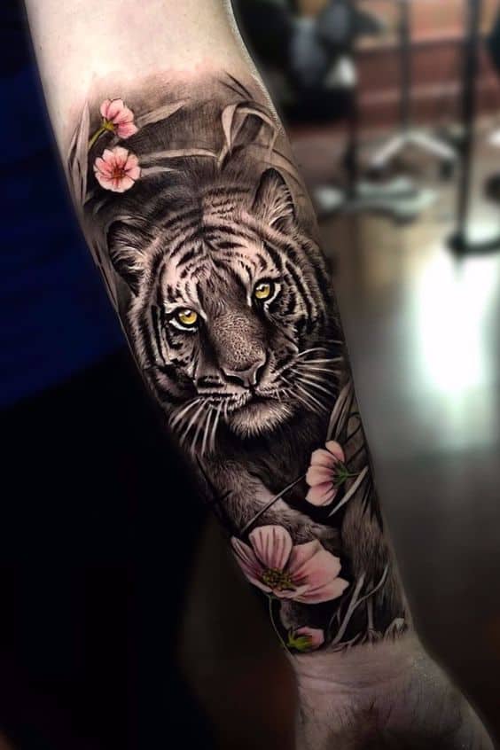 Realistic tiger and flower tattoo