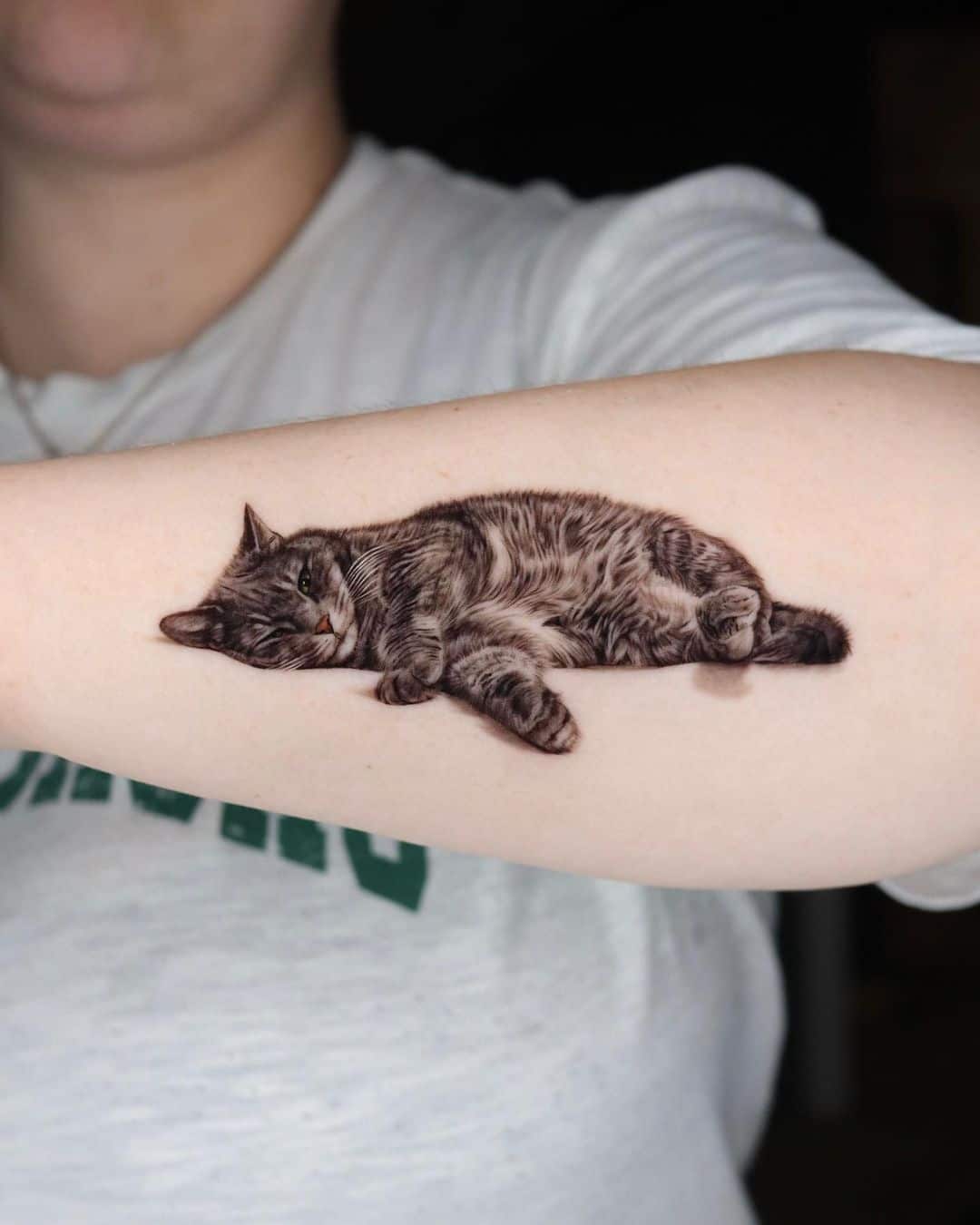 Sleeping cat tattoo design on arm by tattooist yeono