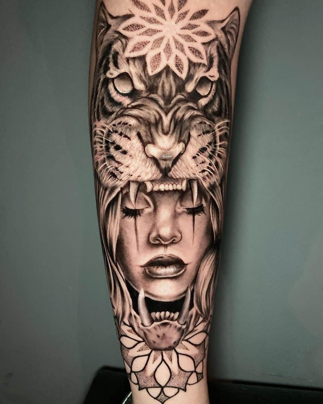 Tiger with girl tattoo by cristovaotattoo
