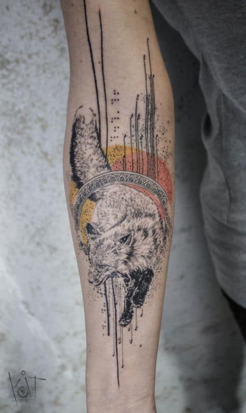 Unique fox tattoo on arm sleeve for men