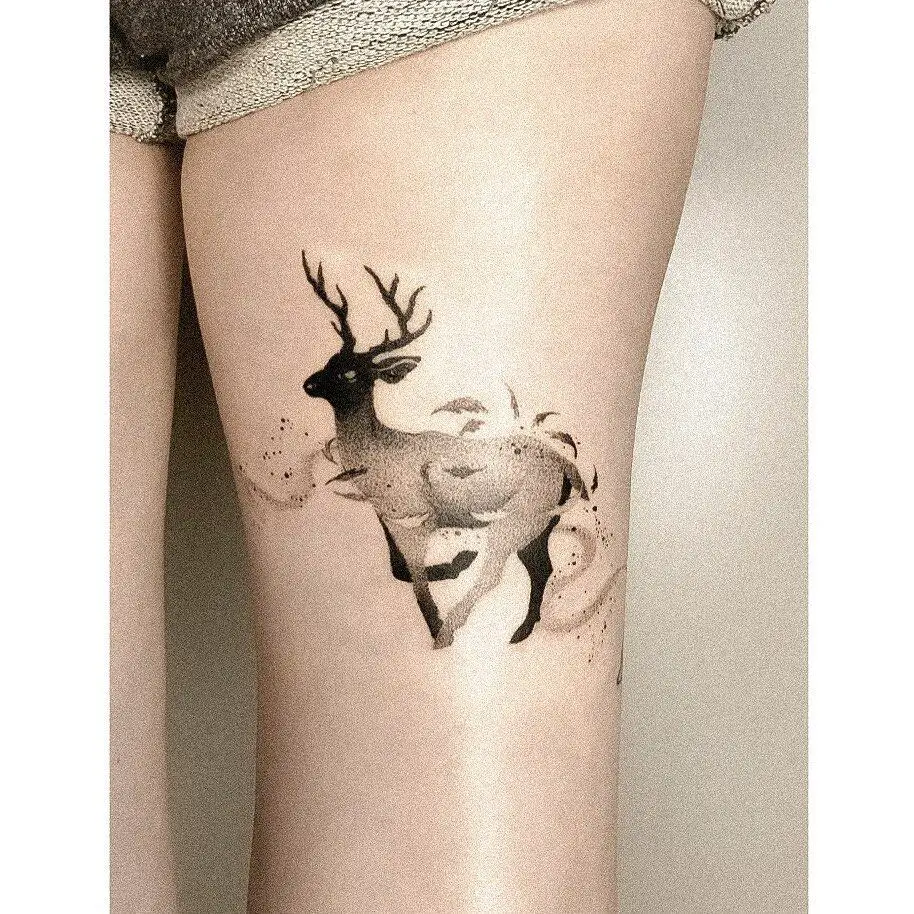 Wonderful deer tattoo on thigh by miki tatuuje