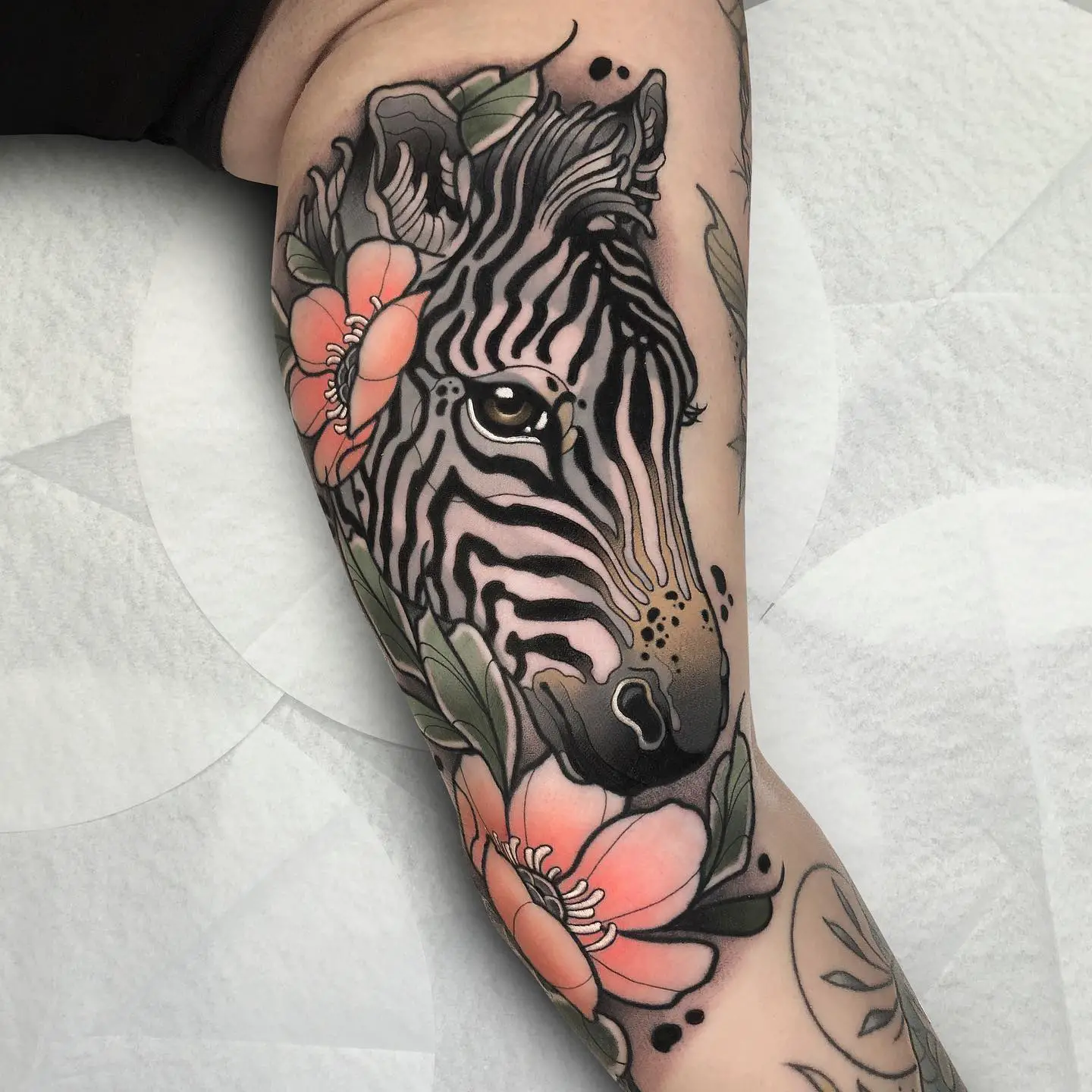 Amazing zebra with flower tattoo by jj.neotraditional
