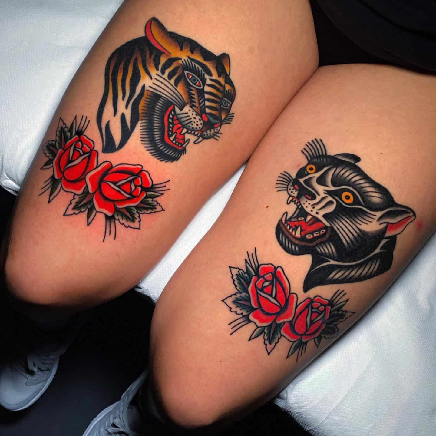 Neo Traditional tiger tattoo on thighs by tommigiova
