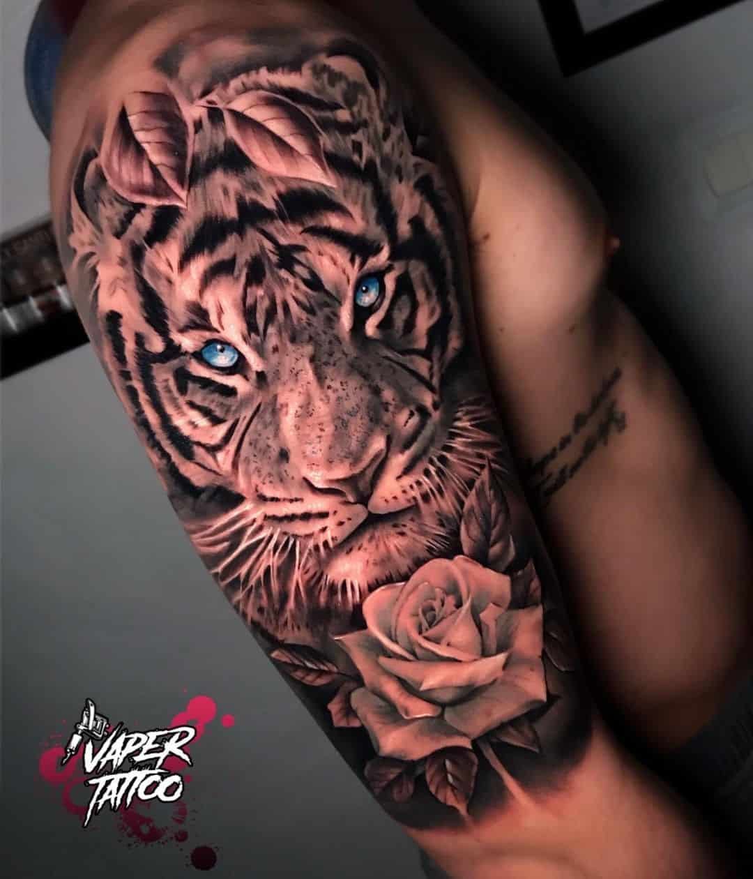 T iger with rose tattoo design by vaper tattoo