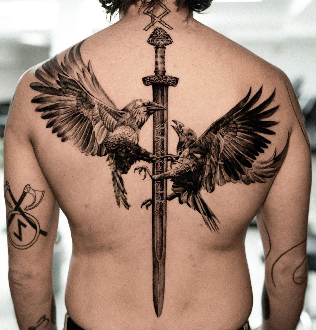 Black and grey bird tattoo by klimentyv