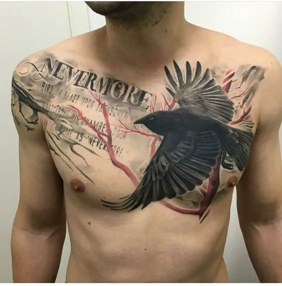 Black Open Wings Crow Tattoo On Man Chest
