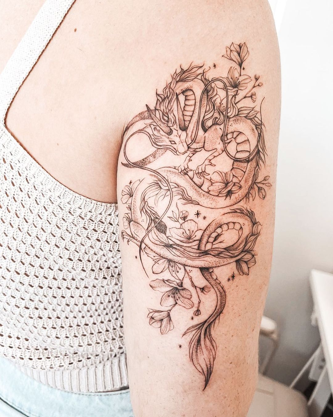 Tattoo tagged with blackw dragon flower pink thigh  inkedappcom