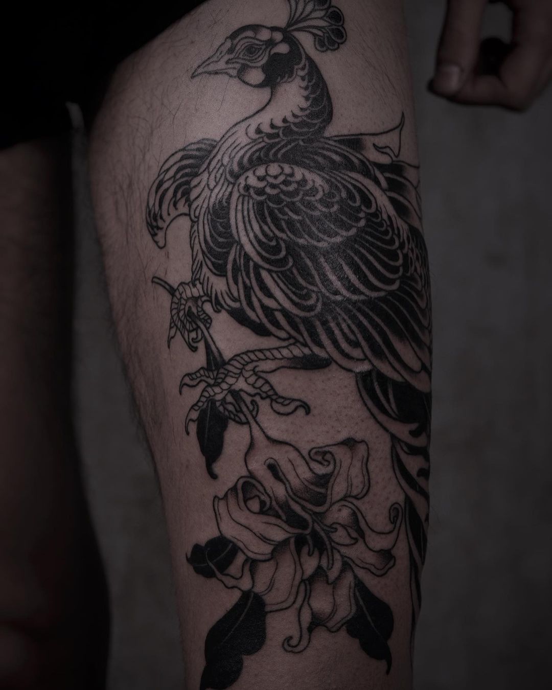Peacock tattoo on thigh by nonne.ttt