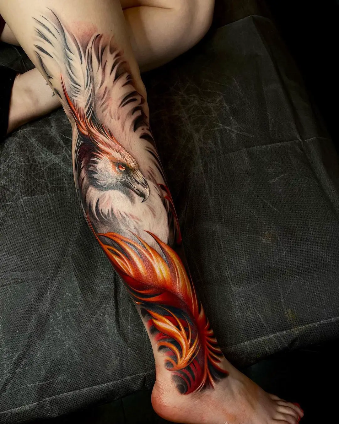 Phoenix tattoo on leg by