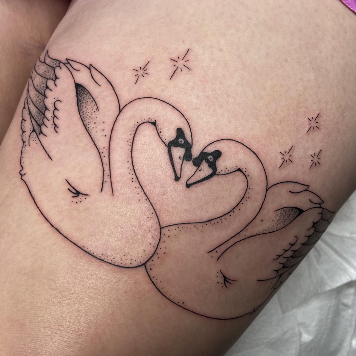 Swan tattoo on thigh by autumntattoos