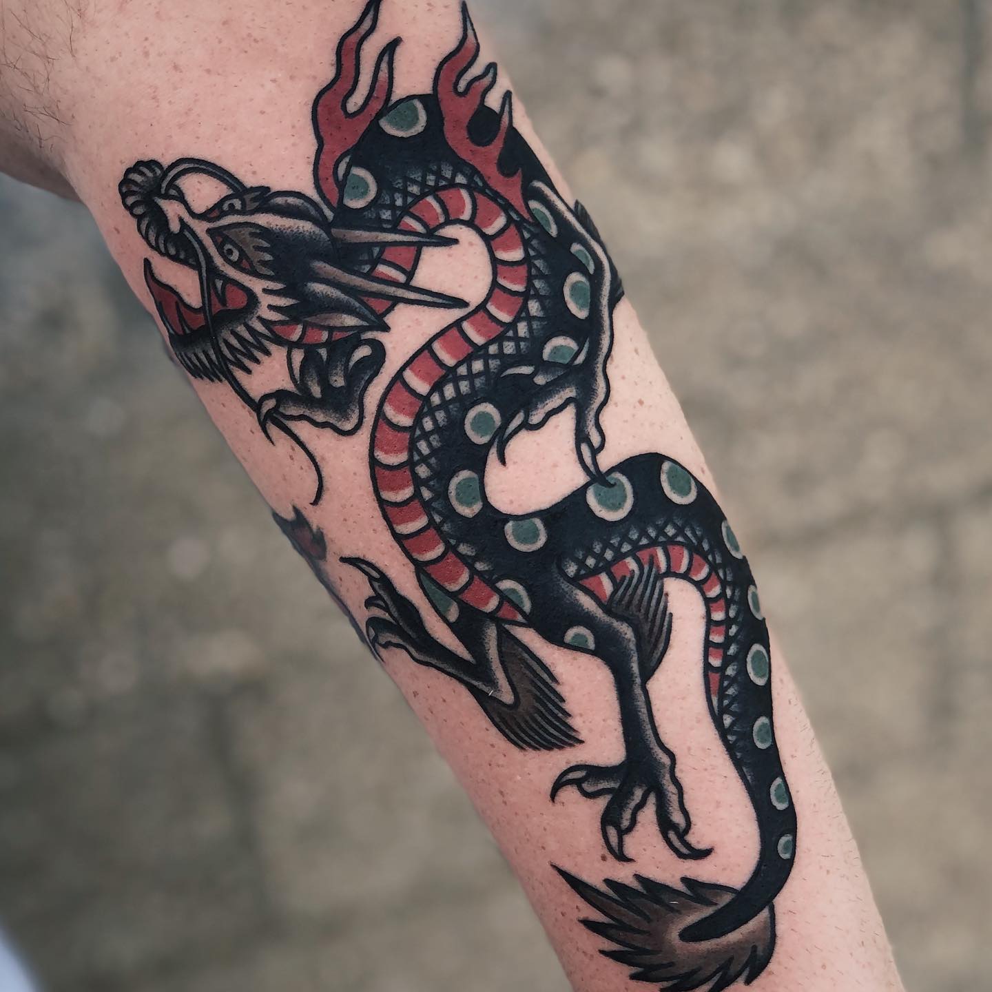 Traditional dragon tattoo by luke wolf jr