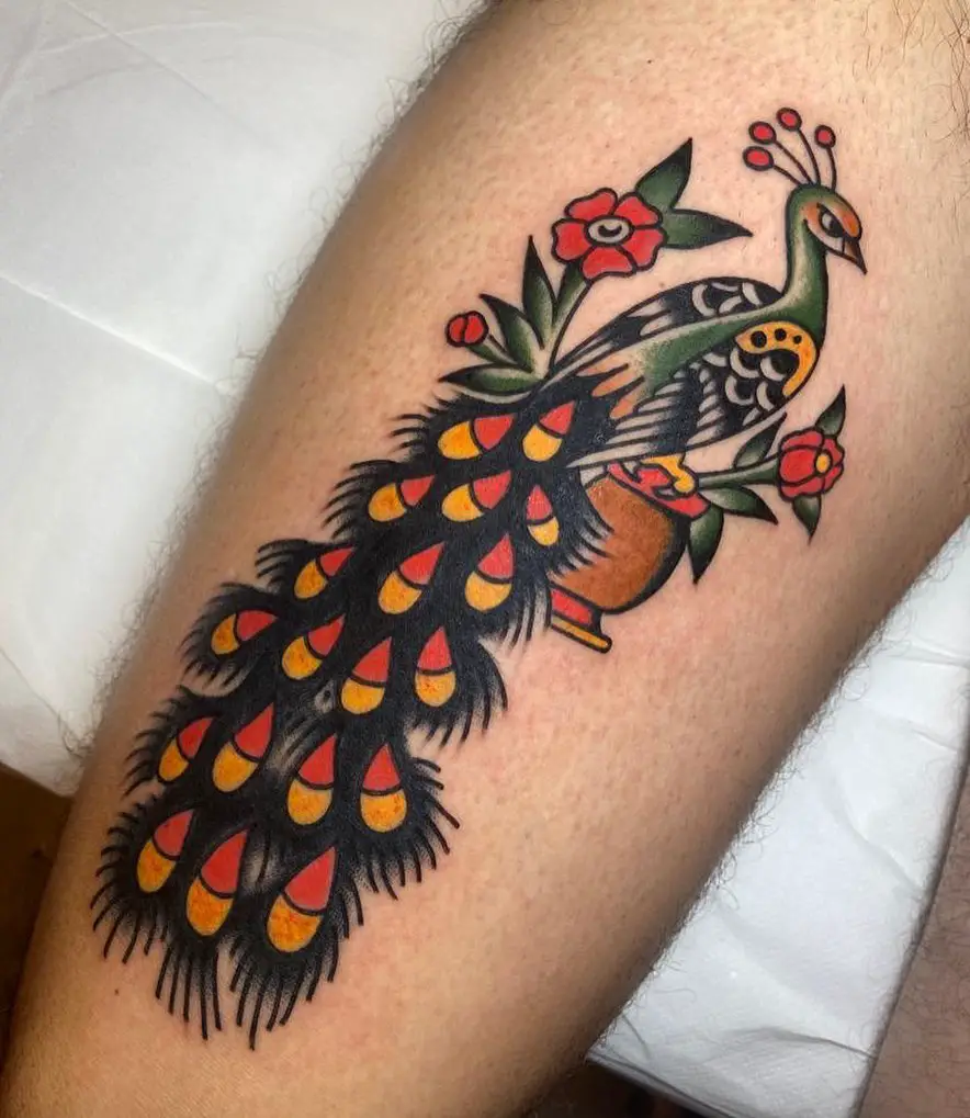 Traditional peacock tattoo by vertigotrento