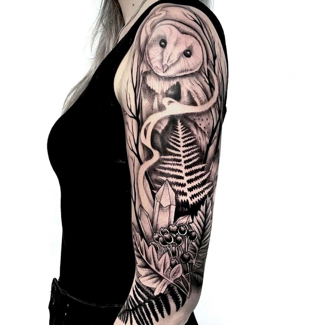 Asami Zdrenka Flower, Owl, Rose Upper Arm Tattoo | Steal Her Style