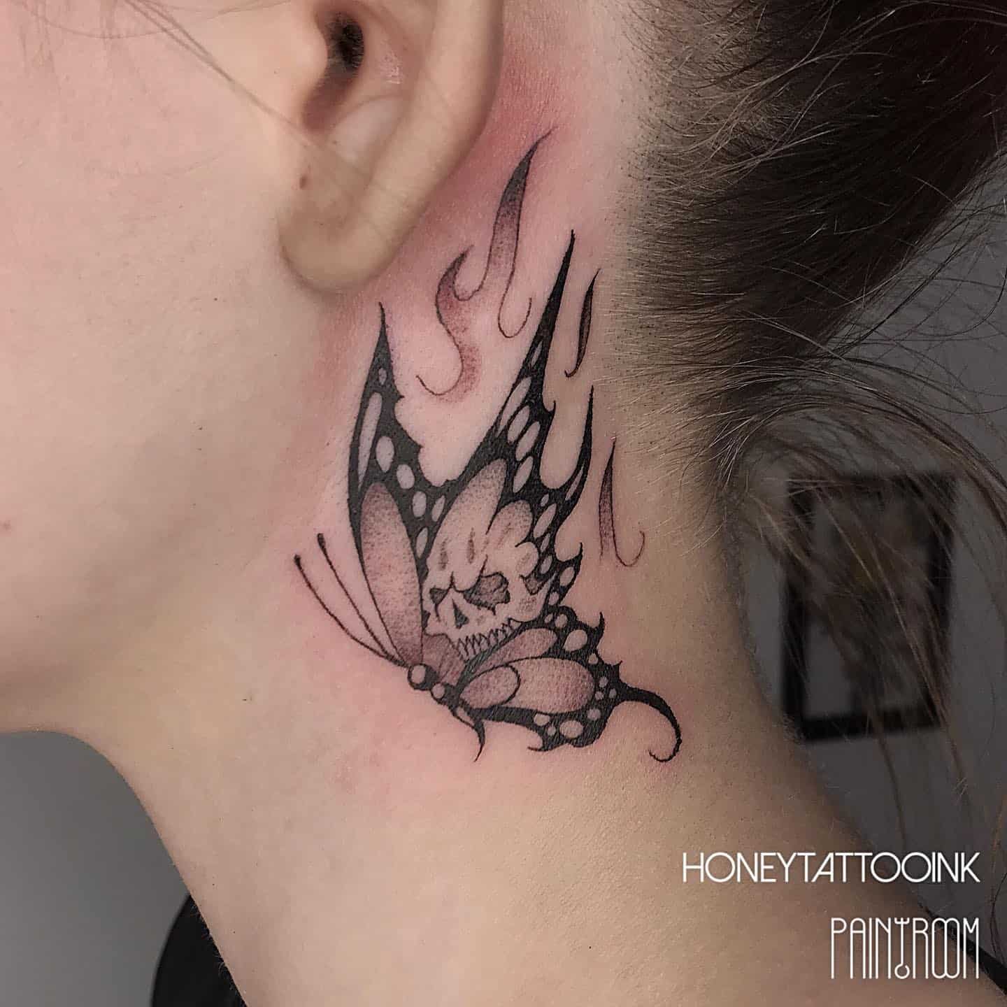 Black and grey butterfly tattoo by honey tattoo ink