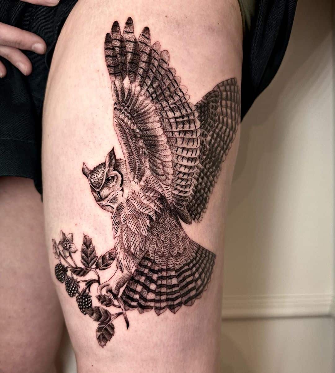 Black and grey owl tattoo by wrenling