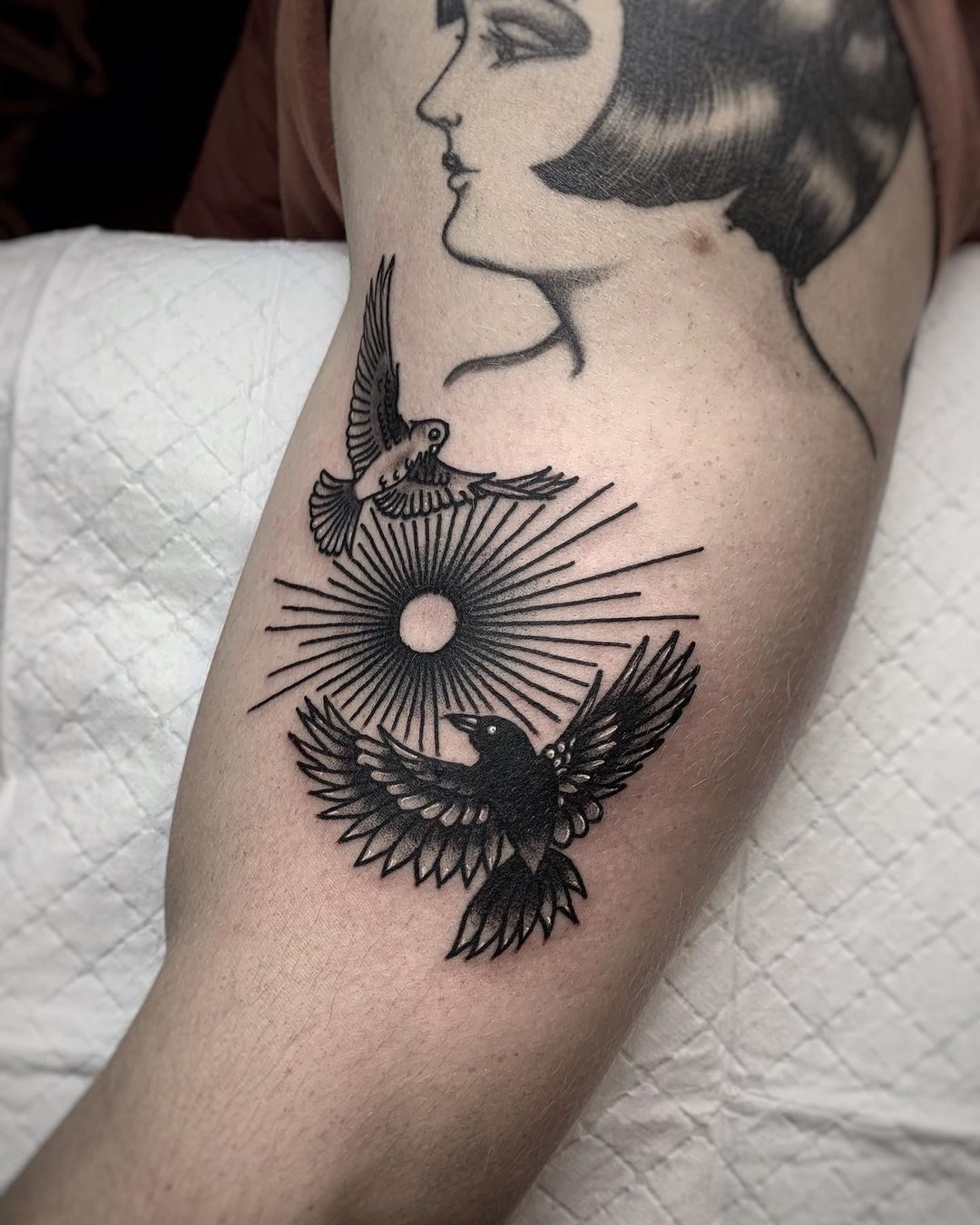 Dove and raven tattoos by holy.orchid