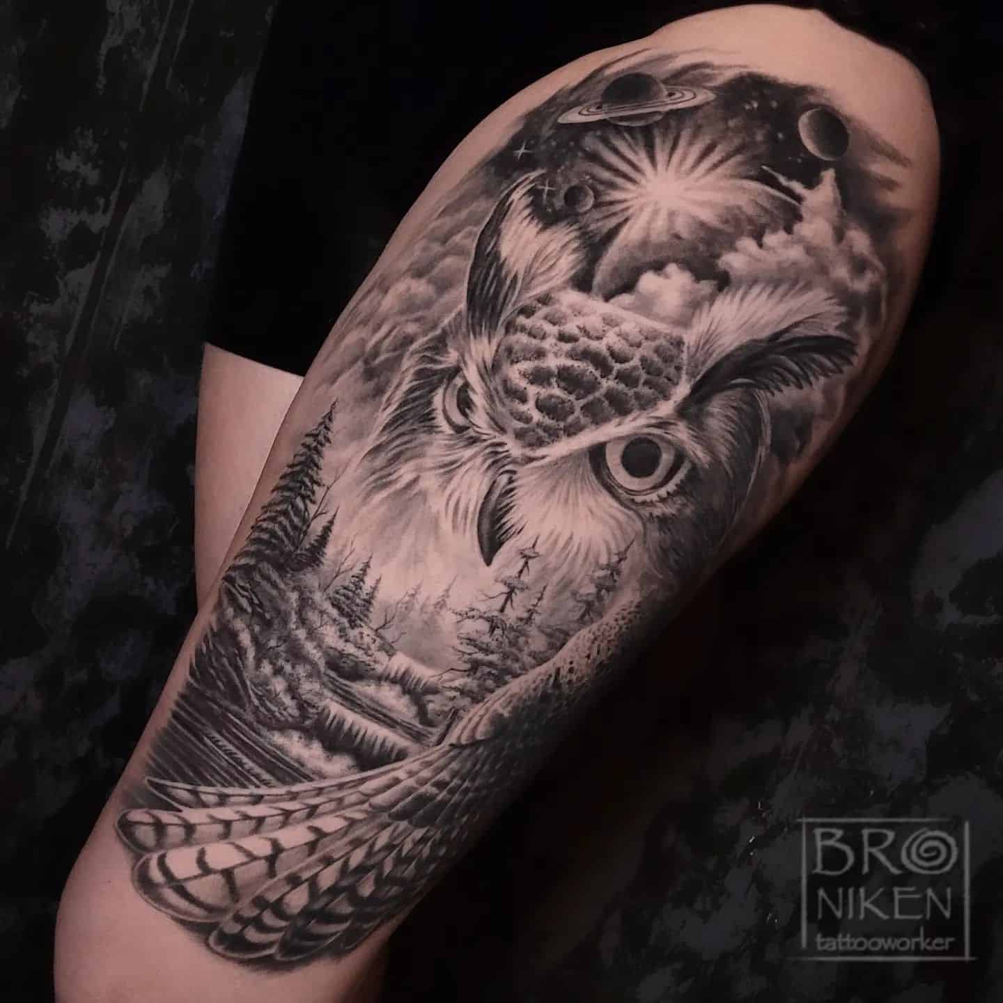 Realistic owl tattoo by broniken tattooworker