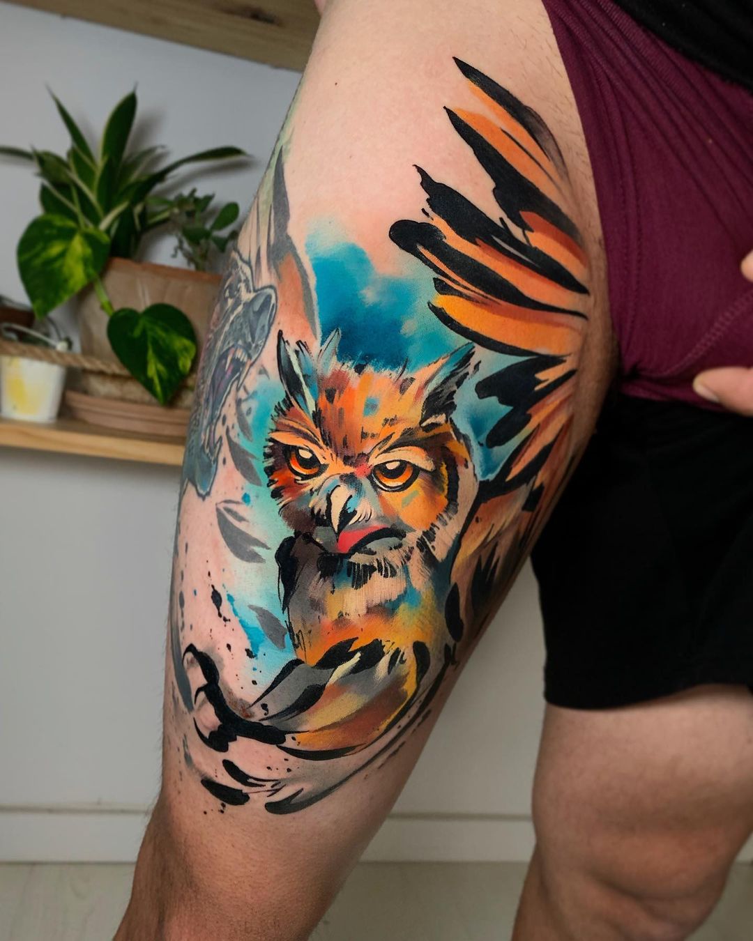 Watercolor owl tattoo by pablo ortiz tattoo