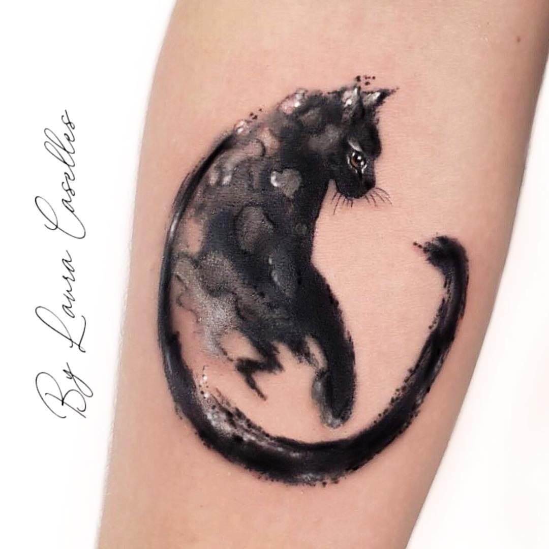 watercolor cat tattoo by laudeink