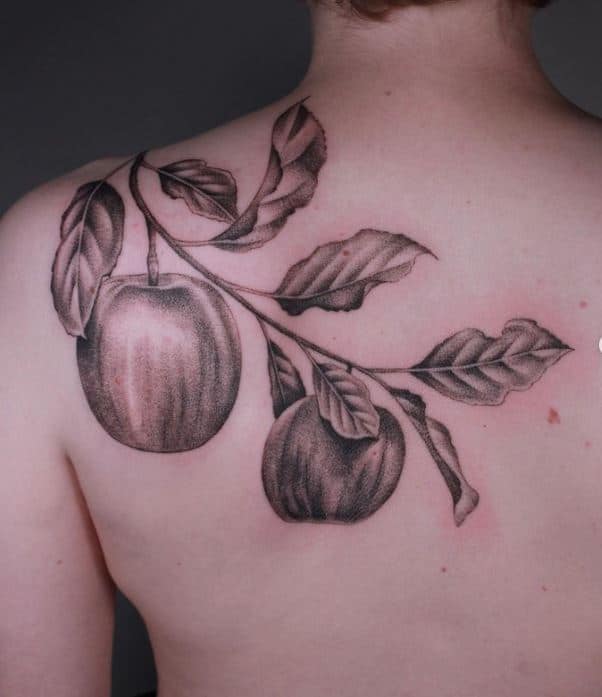 Black and white fruit tattoo by lostlakestattoo