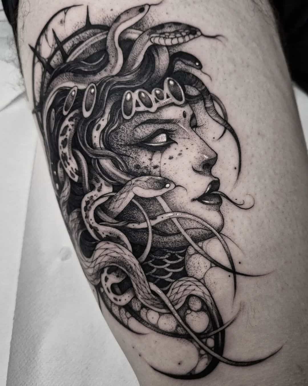 Black and white medusa tattoo by giulianocascella