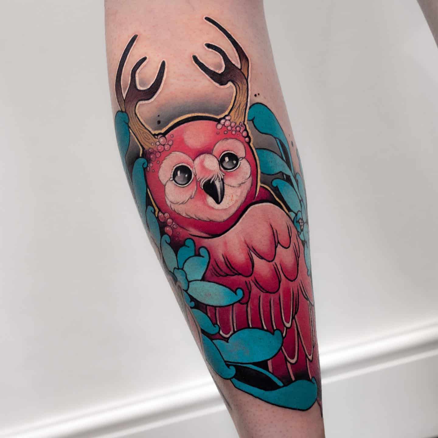 Colorful owl tattoo by seannewmantattoo