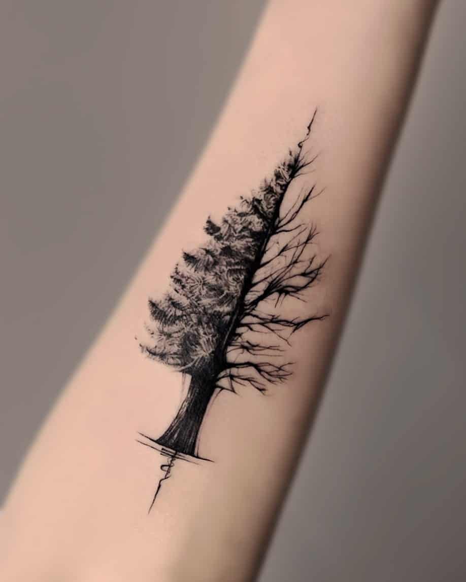 Fineline tree tattoo by tattooist hoji