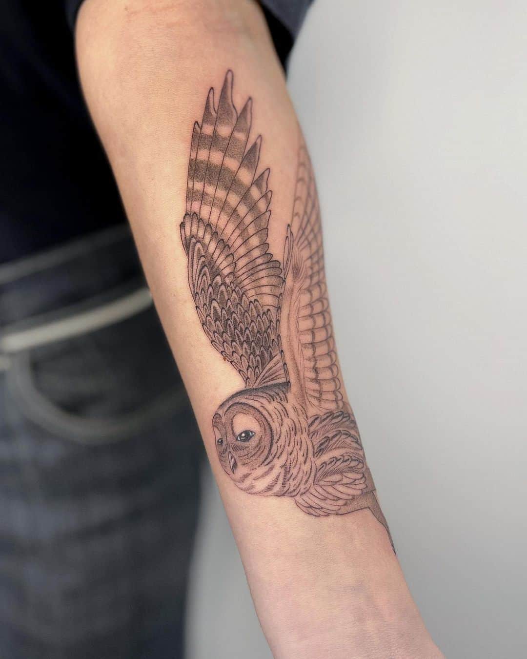 Flying owl tattoo by tattoo lafleur