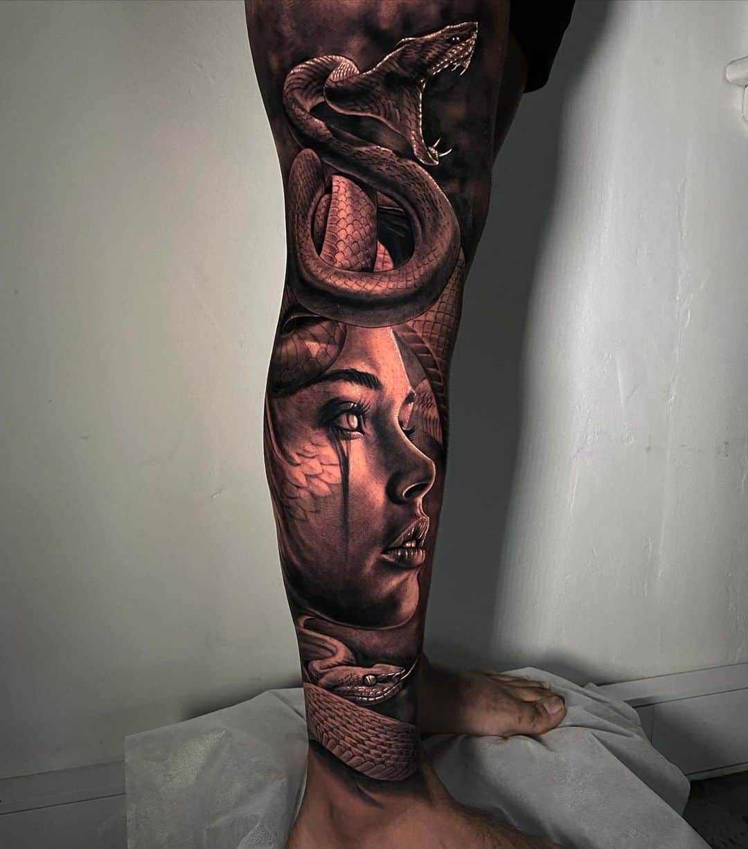 Medusa tattoo on leg by dario